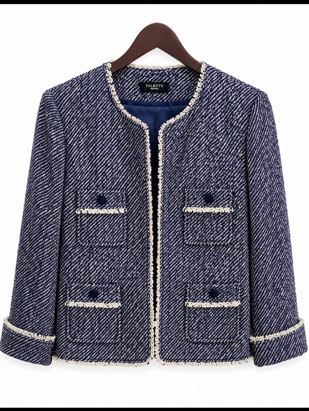 Talbots Mohair Alpaca Blend Tweed Jacket Purple Cream Fringe Trim Petite Med